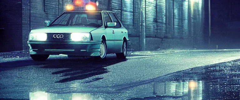 Prompt: Aqua Metallic Audi 80 RS 2 Avant (1995), black car, a gritty neo-noir, dramatic lighting, cinematic, homicide, establishing shot, extremely high detail, photorealistic, cinematic lighting, artstation, by simon stalenhag, Max Payne (PC) (2001) winter new york at night, flashing lights, Poets of the Fall - Late Goodbye