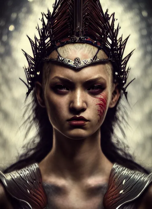 Image similar to a fierce young warrior woman moments before battle, diffuse lighting, fantasy, intricate, elegant, highly detailed, archillect, lifelike, Rebel, photorealistic, digital painting, artstation, punks, illustration, concept art, smooth, kinemacolor, sharp focus, artgerm, by John Collier and Albert Aublet and Leonardo da vinci and Krenz Cushart and Artem Demura and Alphonse Mucha