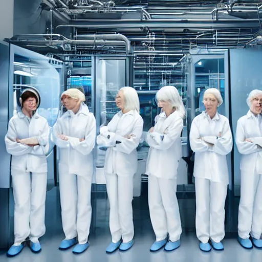 Image similar to troop of females of varying heights and body shapes in formation, white hair, tight light blue neopren suits, in rows, futuristic chemistry lab, sci - fi, highly detailed, cinematic