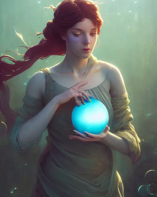 Image similar to highly detailed vfx woman holding a sphere of water in her hands, stephen bliss, unreal engine, greg rutkowski, loish, rhads, beeple, makoto shinkai and lois van baarle, ilya kuvshinov, rossdraws, tom bagshaw, alphonse mucha, global illumination, detailed and intricate environment