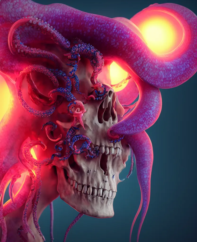 Image similar to goddess close - up portrait human skull, ram skull, squid phoenix jellyfish, orchid, betta fish, bioluminiscent, intricate artwork by tooth wu and wlop and beeple. octane render, trending on artstation, greg rutkowski very coherent symmetrical artwork. cinematic, hyper realism, high detail, octane render, 8 k