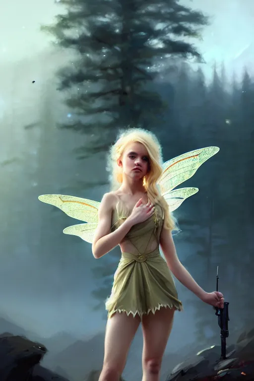 Image similar to cinematic shot of an epic portrait of a cute blonde fairy dressed in military clothes, stylised military clothes, shiny skin, beautiful eyes, beautiful, small details, night setting, realistic poster with volumetric light from craig mallism, artgerm, jeremy lipkin and michael garmash, unreal engine, radiant light, digital art, trends at art station, a masterpiece