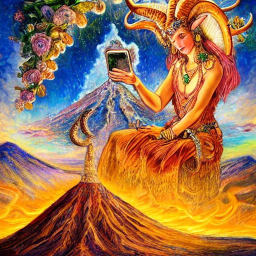 Image similar to painting by josephine wall, horned ram goddess, checking her cell phone, erupting volcano in distance, sunset, flowers in foreground, zodiac, fantasy acrylic on canvas, intricately detailed, highly detailed, high resolution, hdr, 8 k, by senior concept artist, trending on artstation