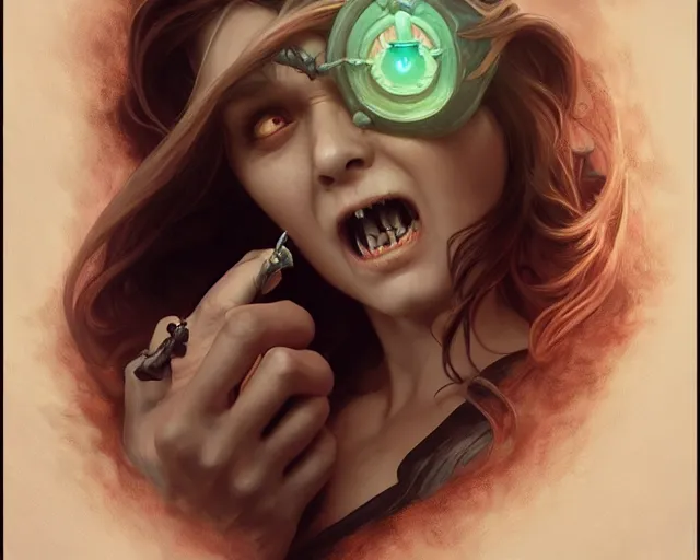 Image similar to dentist, horror, scary, teeth, drill, deep focus, d & d, fantasy, intricate, elegant, highly detailed, digital painting, artstation, concept art, matte, sharp focus, illustration, hearthstone, art by artgerm and greg rutkowski and alphonse mucha