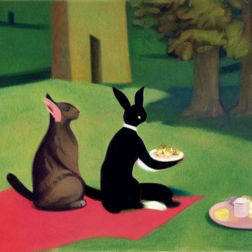 Prompt: a (cat) having a picnic with a bunny, the bunny has pink fur, the cat has black fur, highly detailed, painted by Edward Hopper