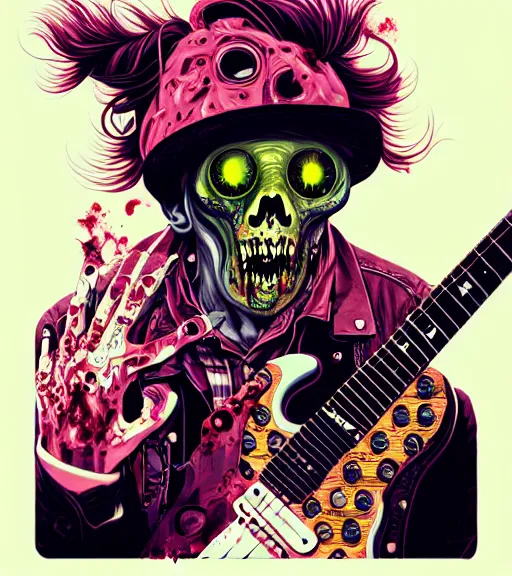 Image similar to a zombie punk rocker playing electric guitar, tristan eaton, victo ngai, artgerm, rhads, ross draws