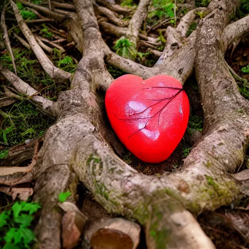 Image similar to photograph of an anotomicallt cotrect human heart sitting on the ground in a forest of dead trees