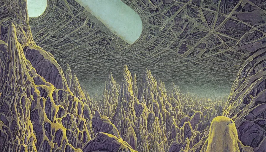 Prompt: the depths of a vast artificial world with massive towering pillars holding the ceiling of the landscape up, detailed, cobalt coloration, energetic beings patrolling, extreme depth, wayne barlowe and mc escher collaboration, abyss, colossal hovering machine automations of brutalist design visible in the foreground