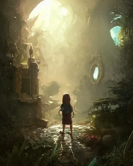 Prompt: a child looking at a portal in the hidden garden, scare, environment art, fantasy art, landscape art, in the style of greg rutkowski, illustration, epic, fantasy, intricate, hyper detailed, artstation, concept art, smooth, sharp focus, ray tracing