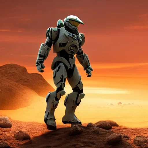 Prompt: ultra realistic on location photograph of master chief on a desert planet. epic image. action pose. explosions. sunrise. canon. carl zeiss