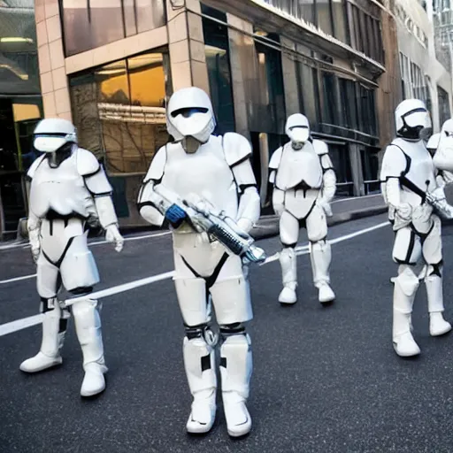 Image similar to dystopian peacekeepers wearing futuristic white armor patrolling the streets of new america