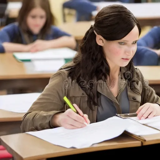 Prompt: Katniss Everdeen as a student, in an exam hall, sitting at a desk, doing her A-Level exams, stock photo