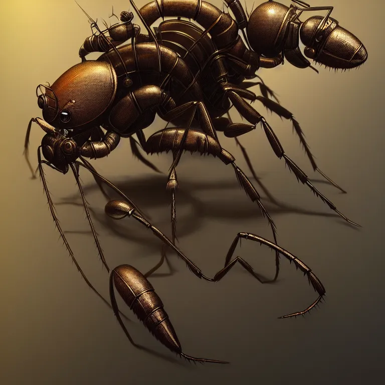Image similar to steampunk ant, 3 d model, symmetrical artwork, unreal engine realistic render, 8 k, micro detail, intricate, elegant, highly detailed, centered, digital painting, artstation, smooth, sharp focus, illustration, artgerm, tomasz alen kopera, wlop