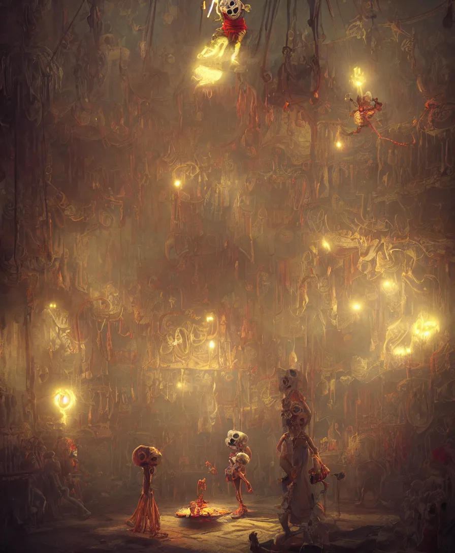 Image similar to skull clown inside a circus, illustrated by Simon Stålenhag and Gaston Bussiere, 35mm lens, rule of third, beautiful volumetric-lighting-style atmosphere, intricate, ultra detailed, photorealistic imagery, trending on artstation, 4k, 8k