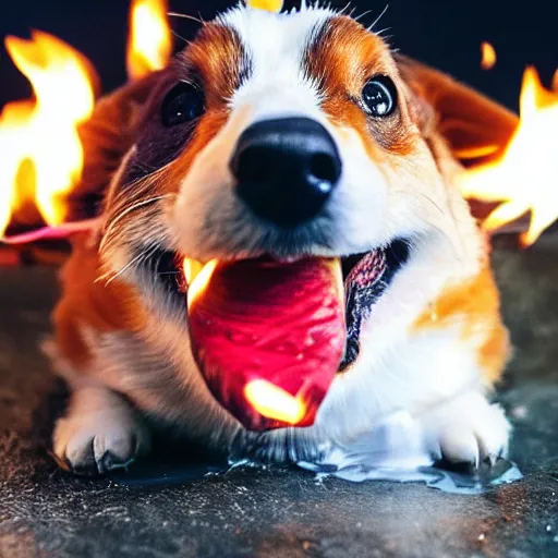 Prompt: a corgi on fire eating chocolate