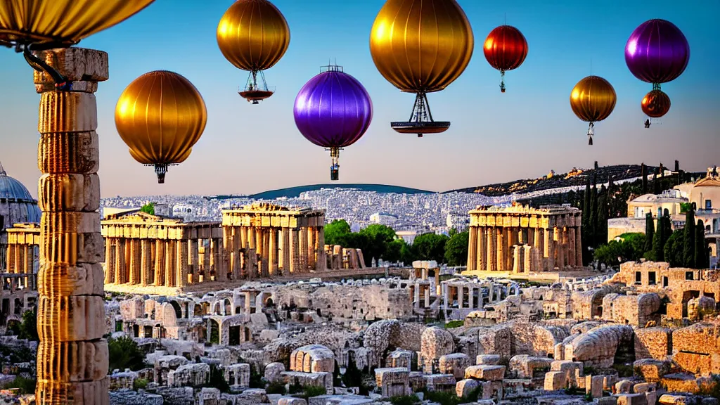 Image similar to large colorful futuristic space age metallic steampunk steam - powered balloons with pipework and electrical wiring around the outside, and people on rope swings underneath, flying high over the beautiful ancient athens acropolis landscape, professional photography, 8 0 mm telephoto lens, realistic, detailed, photorealistic, photojournalism
