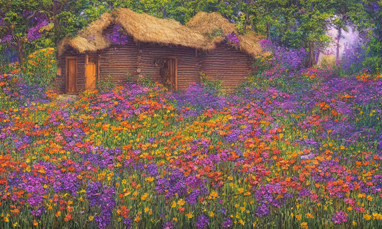 Image similar to a cabin in a mystical field of flowers, oil on canvas, intricate, hd, digital art, complementing colors, detailed, illustration painting by alex gray, digital art, moebius