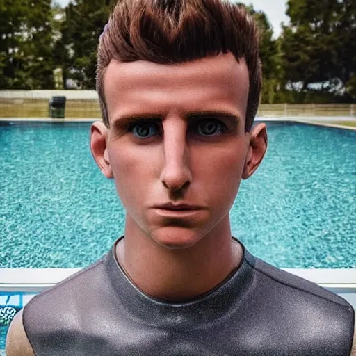 Image similar to a realistic detailed photo of a guy who is an attractive humanoid who is half robot and half humanoid, who is a male android, soccer player mason mount, shiny skin, posing like a statue, blank stare, by the pool, on display