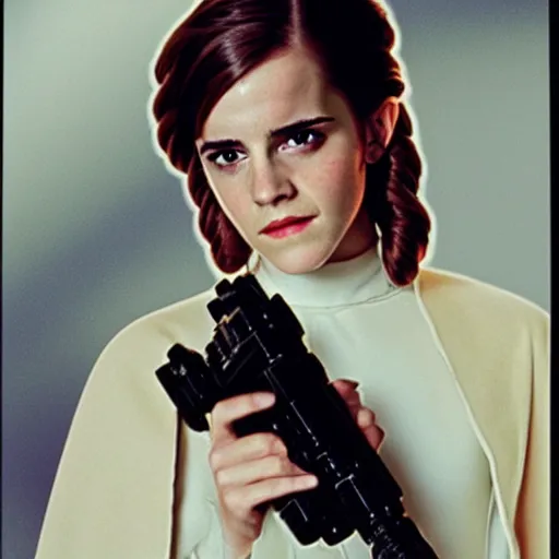 Image similar to film still of emma watson as princess leia organa in star wars, polaroid, photography, film, kodak