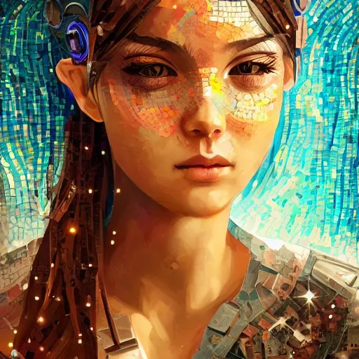 Image similar to mosaic portrait of a beautiful young girl with robot ears falling into the stars by Ross Tran, 4k, intricate details