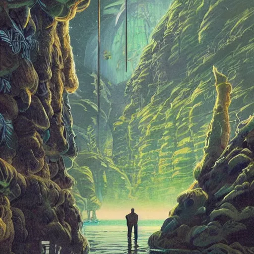 Image similar to beautiful illustration of a lush natural scene on an alien planet by vincent di fate. science fiction. extremely detailed. beautiful landscape. weird vegetation. cliffs and water.