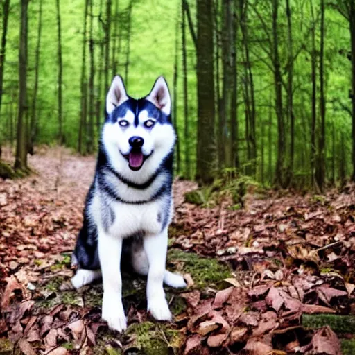 Prompt: a photo of a husky in a vosge forest