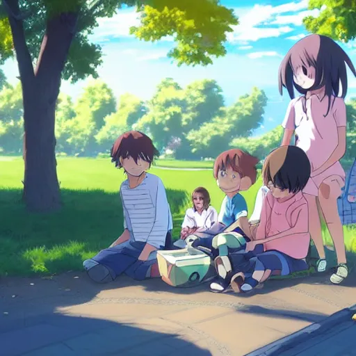 Prompt: Anime of an happy family with two boys of 10 years old and 5 years old, in Vincennes parc having a pic nic, beautiful weather, peaceful cloud, by Makoto Shinkai and James Gilleard