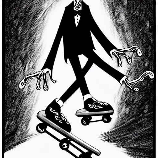 Prompt: black and white trippy comic art of dracula roller skating on roller skates, drawn by martin rowson, tim burton, studio ghibli, alex pardee, nekro petros afshar, james mcdermott, cgsociety 4 k