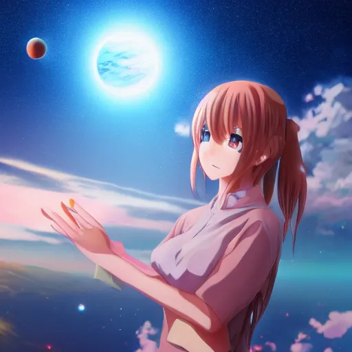 Prompt: An anime girl holding and terraforming a planet on her hands, wide-shot, high detail, 4k, digital art, artstation, 8k, very detailed, 85mm