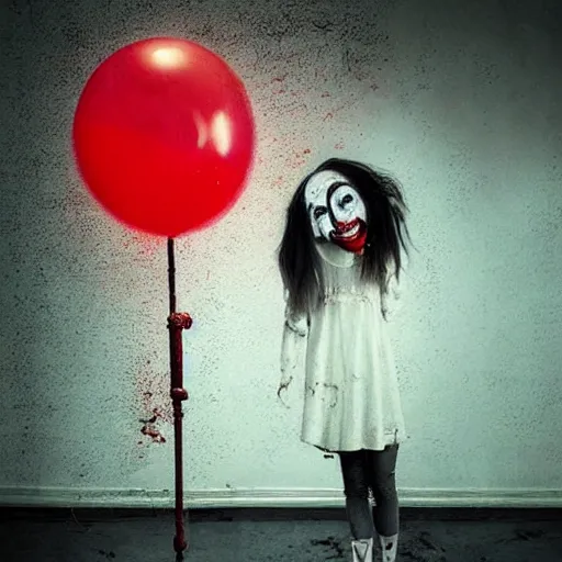 Image similar to grunge painting of a billie eilish with a wide smile and a red balloon by michal karcz, loony toons style, pennywise style, corpse bride style, rick and morty style, creepy lighting, horror theme, detailed, elegant, intricate, conceptual, volumetric light