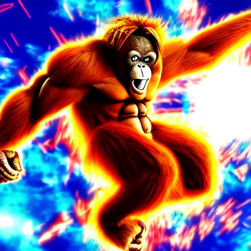 Image similar to an orangutan in dragon ball z going ultra instinct, 4 k, hyper realistic, dslr, high resolution, landscape, beautiful, anime, super saiyan, ultra instinct