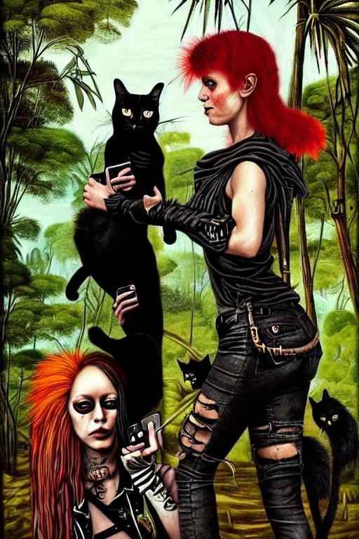 Image similar to punk rock girls making selfie with black cats in jungle , 1980 style, mad max jacket, post apocalyptic, renaissance, Gothic, highly detailed, digital painting, 4k, oil painting by Leonardo Da Vinci, hyper realistic style, fantasy by Olga Fedorova