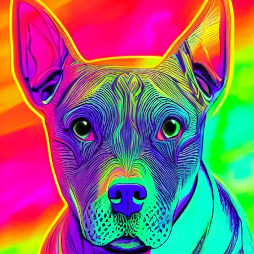 Image similar to psychedelic pit bull magic, at gentle dawn neon light, highly detailed, artistic composition, sharp focus, intricate concept art, digital painting, colorful flat surreal design, hd, 8 k, artstation, ambient lighting