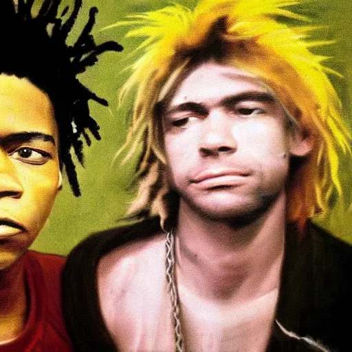 Prompt: portrait photo of basquiat and kurt cobain in nirvana basquiat ’ s studio, photorealistic,