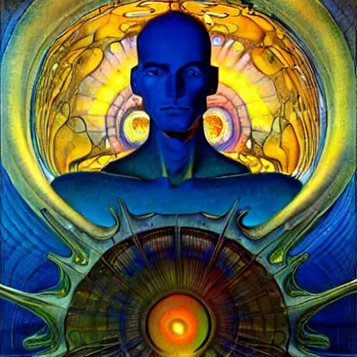 Image similar to realistic extremely detailed portrait painting of a glowing male silhouette, futuristic sci-fi landscape on background by Jean Delville, Amano, Yves Tanguy, Alphonse Mucha, Ernst Haeckel, Edward Robert Hughes, Roger Dean, rich moody colours, blue eyes