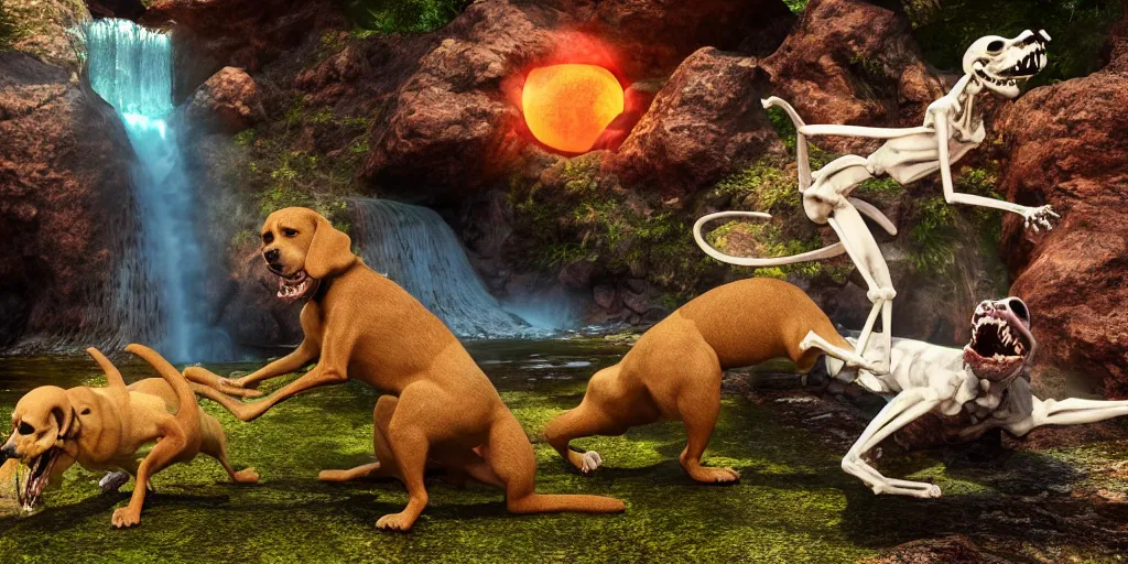 Prompt: 3d renderings of two dog Skeletons fighting in front of a waterfall, infographic for imaginary animals, golden hour, backlit by an alien planet, sharp focus, psychedelic LSD manga, hyper realistic, detailed, octane render
