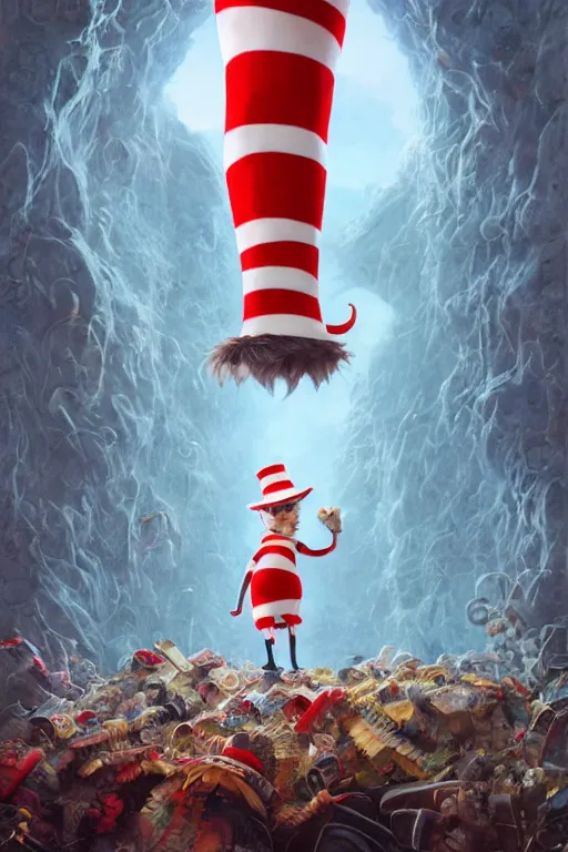 Prompt: complex 3 d render, hyper detailed, ultra sharp, of the cat in the hat, scary, cinematic, natural soft light, rim light, masterpiece by greg rutkowski and artgerm and john berkey, dr seuss