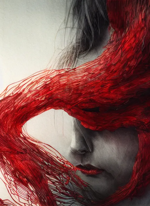 Image similar to portrait, The red thread of fate that binds every soul on earth, watercolor, dramatic lighting, cinematic, establishing shot, extremely high detail, foto realistic, cinematic lighting, pen and ink, intricate line drawings, by Yoshitaka Amano, Ruan Jia, Kentaro Miura, Artgerm, post processed, concept art, artstation, matte painting, style by eddie mendoza, raphael lacoste, alex ross