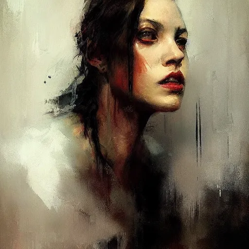 Image similar to portrait of the death angel, beautiful female face, angelic, dark, blood, by jeremy mann