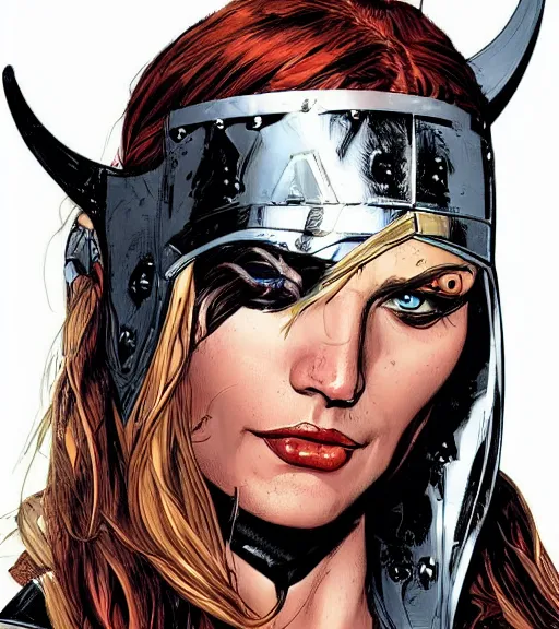 Prompt: Viking female android, by MARVEL comics and Sandra Chevrier, 4k