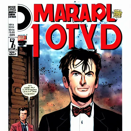 Prompt: A marvel comic book cover of the tenth doctor standing in front of the Tardis, daytime