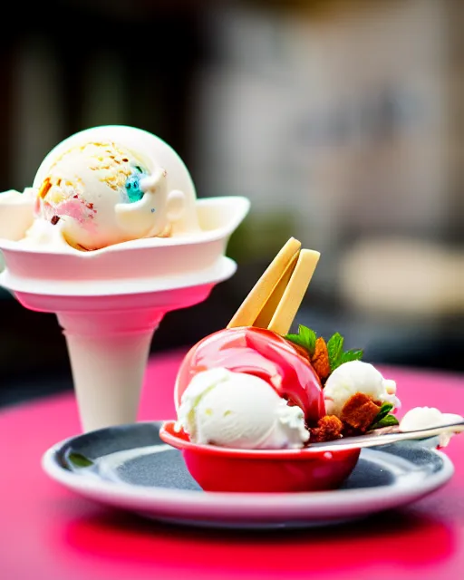 Image similar to dslr food photograph of an ice cream sundae with shrimps on. 8 5 mm f 1. 4