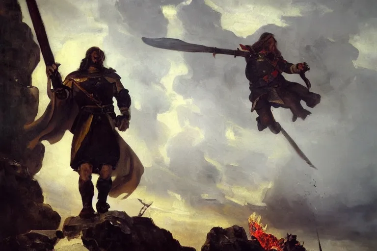 Prompt: landscape realistic painting image of a templar knight with one mechanical hand, carrying a fire sword and wielding it at the ice dragon. dramatic scene, realism, created by gustave courbet and michaelangelo, trending in artstation, fine art, smooth draw with oil painting.