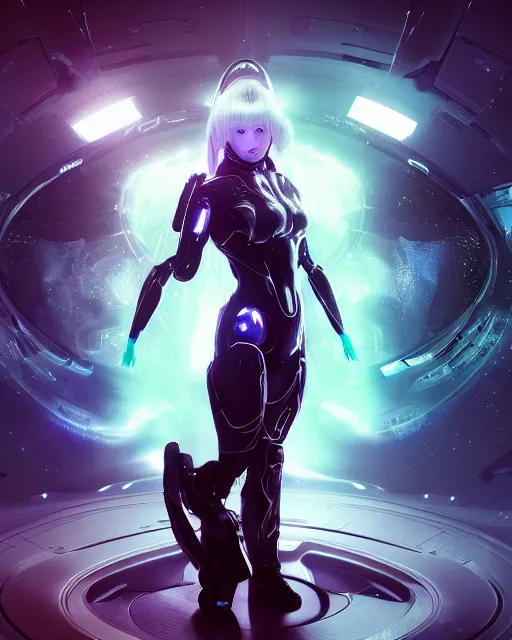 Image similar to perfect android girl on a mothership, warframe armor, beautiful face, scifi, futuristic, galaxy, nebula, raytracing, dreamy, long white hair, blue cyborg eyes, sharp focus, cinematic lighting, highly detailed, artstation, divine, by gauthier leblanc, kazuya takahashi, huifeng huang