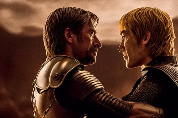 Image similar to very very intricate photorealistic photo of jaime lannister fighting cersei, photo is in focus with detailed atmospheric lighting, award - winning details