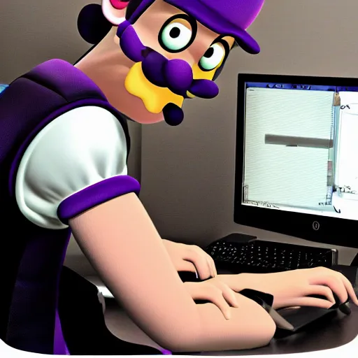 Image similar to waluigi using the computer, hd
