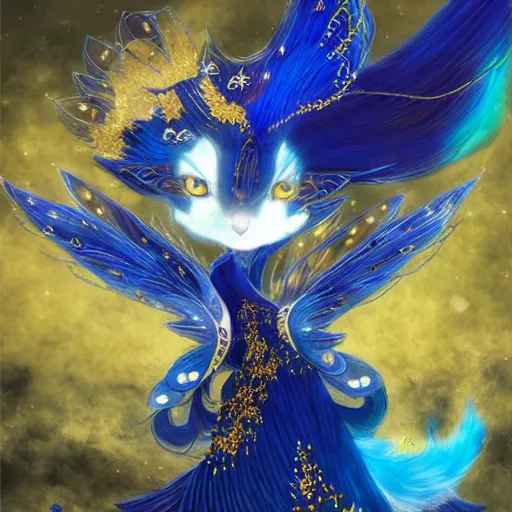 Prompt: portrait from an anime of an ethereal colorful blue starry peacock fox, accented in bright metallic gold, wearing star filled magic imbued mage robes, art by yuji ikehata, background art by miyazaki, realism, proper human proportions, fully clothed