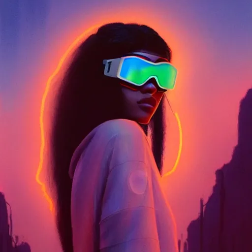 Image similar to zendaya wearing opaque reflective goggles profile picture by Greg Rutkowski, brown skin, very long hair, dune, asymmetrical, futuristic, neon volumetric lights, cool colors, streetwear, studio ghibli, Organic Painting , Matte Painting, geometric shapes, hard edges, street art, trending on the artstation, fantasy LUT, realistic by Sachin Teng + Martin Grip + Moebius + Patrick Gleason, smooth, sharp focus, illustration, art by John Collier and Albert Aublet and Krenz Cushart and Artem Demura and Alphonse Mucha, techwear, Industrial Scifi, detailed illustration, character portrait,