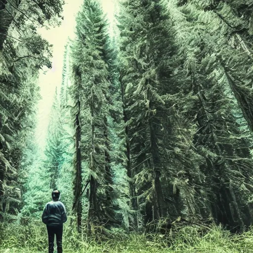 Image similar to a man looking in the forest to see an oversized terrifying creature