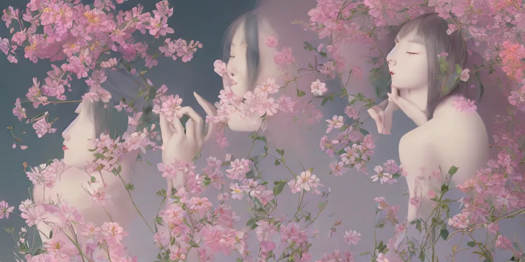 Image similar to delicate detailed concept art painting pattern blend of flowers and girls, by hsiao - ron cheng, bizarre compositions, exquisite detail, pastel colors, 8 k